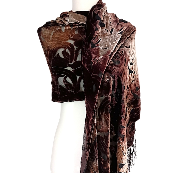 Vtg Silk Velvet Burnout Piano Shawl Scarf Brown Ombre Bohemian Witchy Victorian - Picture 6 of 16